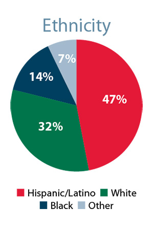 47% Hispanic/Latino; 32% White; 14% Black; 7% Other