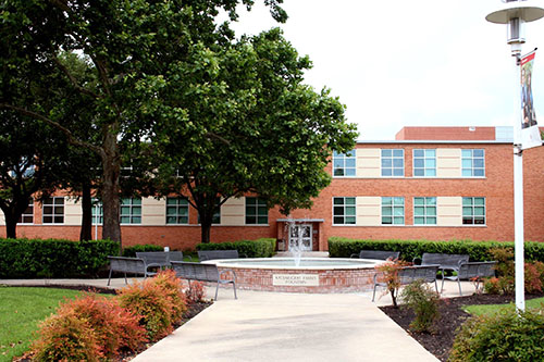 The Kadjar-Gray family fountain and the rear entrance of Rundell Hall