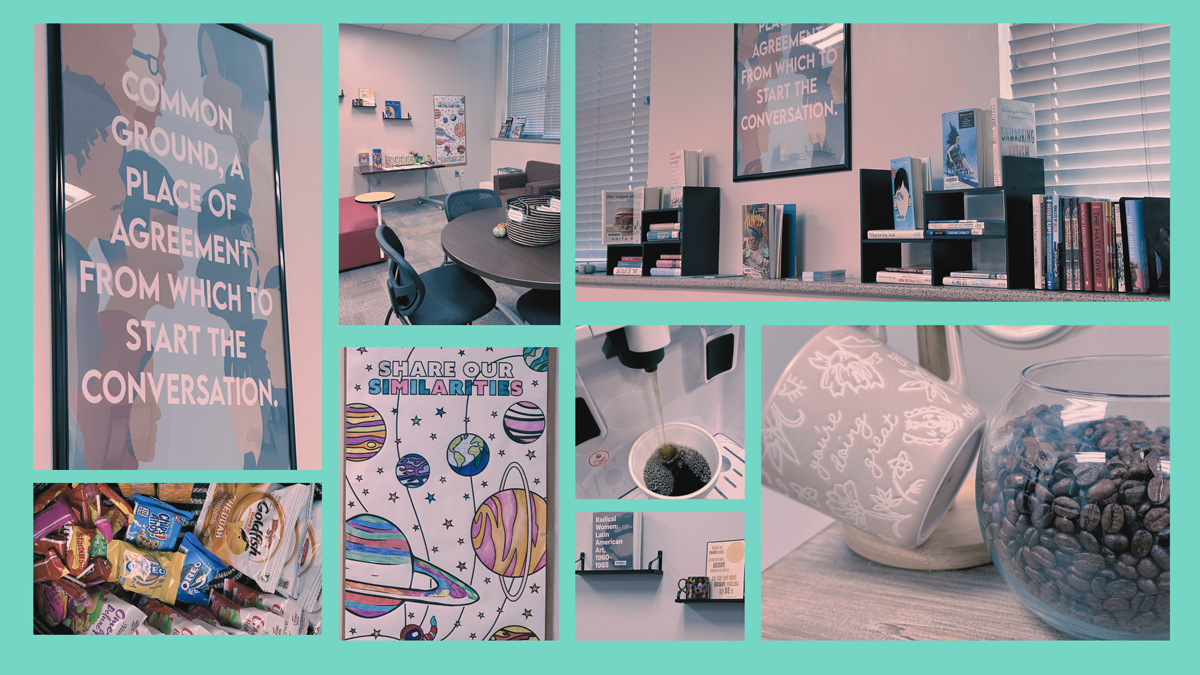 Turquoise collage grid featuring pictures of the Common Grounds Lounge. Photos include snacks, coffee, lounge seating, lounge decorations, coloring page area, and a book display.
