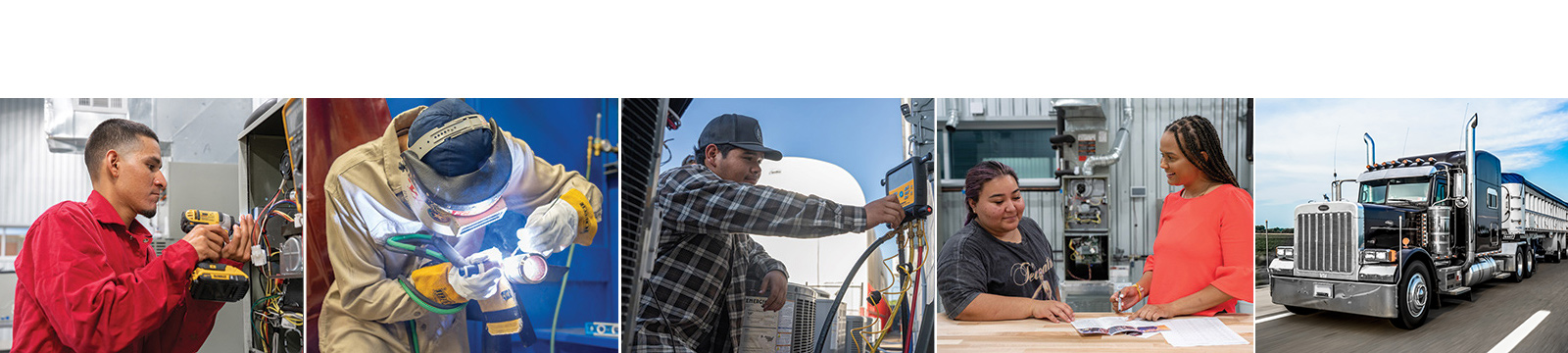 A collage of photos from the McNair Center. Welding, HVAC, students, instructors, and equipment