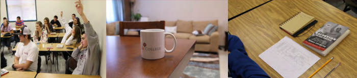 Three photos: Students in a class, a Lee coffee mug on a table, & class supplies on a desk