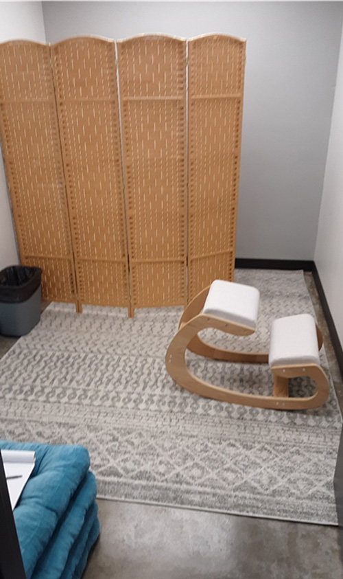 The room: A screen, trash can, sitting area, and carpet