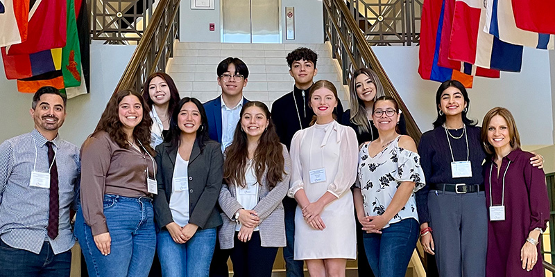 Posed photo, from left: Dr. Javier Ramirez, Adriana Curiel, Debany Gomez, Sydney Joy Dado, Diego Moreno, Xitlaly Ruiz, Jorge "Kennay" Granados, Rebecca Currie, Yaritza Serrano, Ysel Alcala, Priscilla Guerra, and Dr. Georgeann Ward attended the 2022 Gulf Coast Intercollegiate Consortium Conference at Lone Star College-Kingwood. Not pictured: Marissa Ledbetter