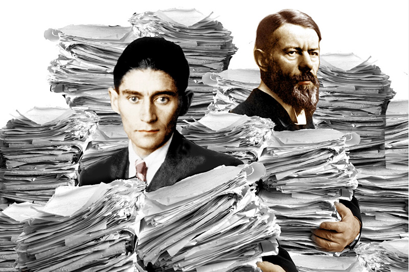 Concept art of two men surrounded by stacks of papers