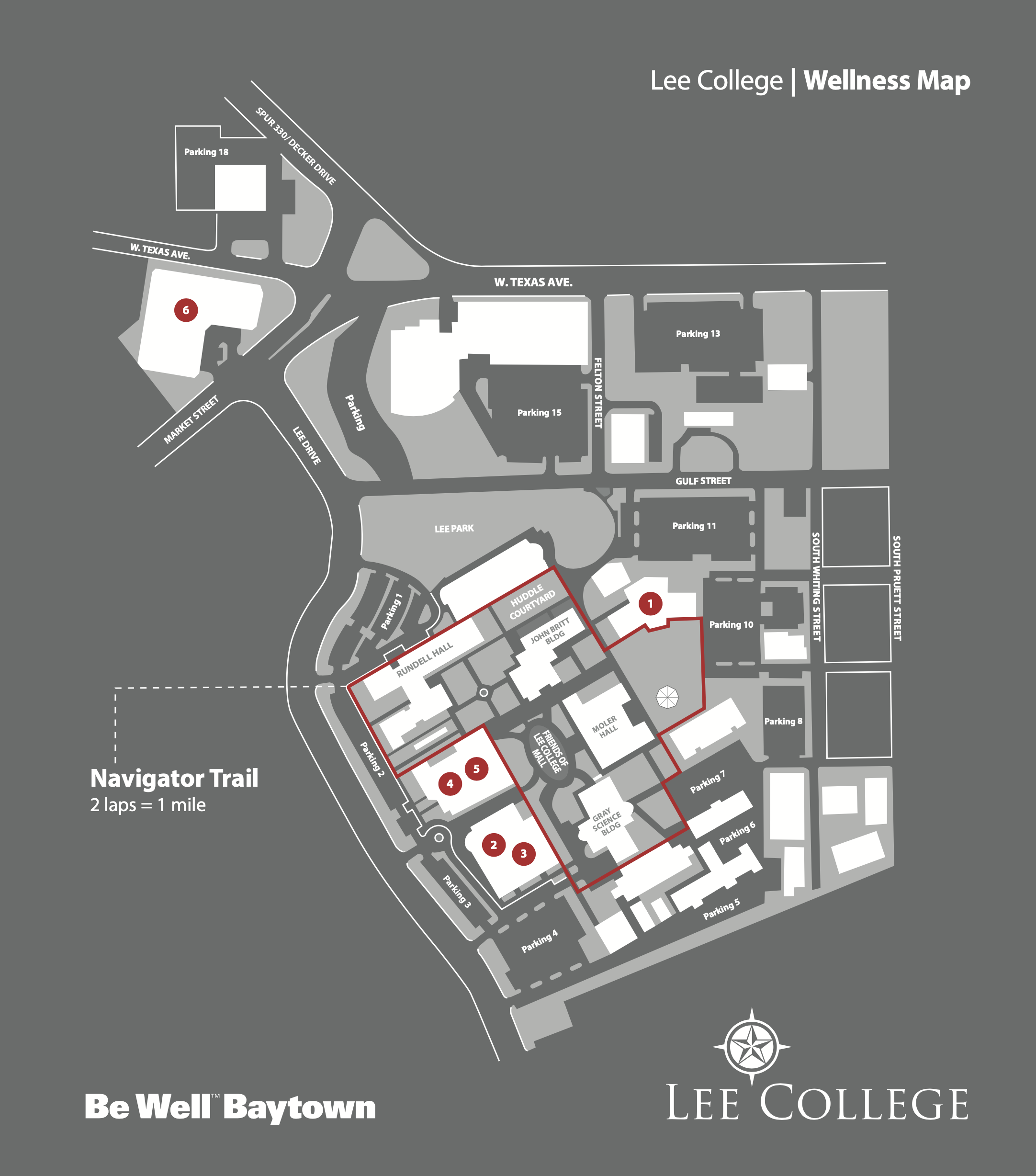A map of campus, with Navigator trail outlined in red. Two laps around the path is one mile.