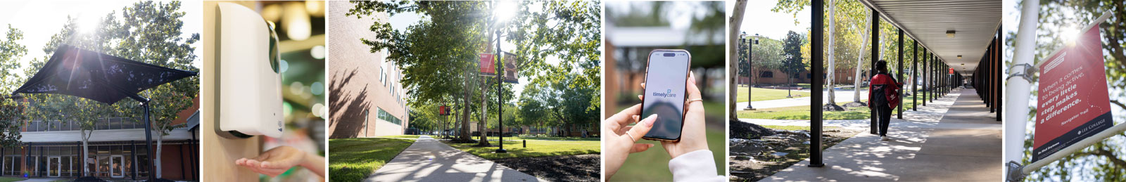 Collage: Awning for shade, TimelyCare, sunscreen dispenser, a student walking, and a campus sign