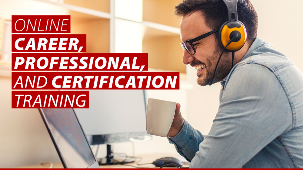 A man in headphones speaks into a microphone while at a computer. Online career, professional, and certification training