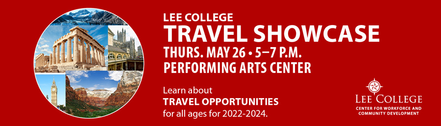 Travel Showcase, Wednesday, May 26, 5 to 7 p.m., Performing Arts Center. Learn about travel opportunities for all ages through 2024
